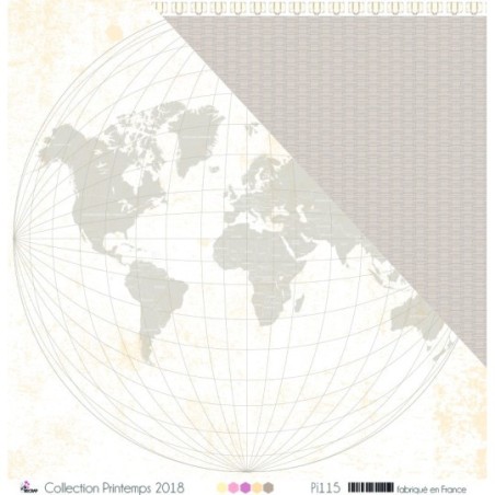 Papier imprimé Scrapbooking Carterie - "Mappemonde taupe sur fond blanc tâcheté"