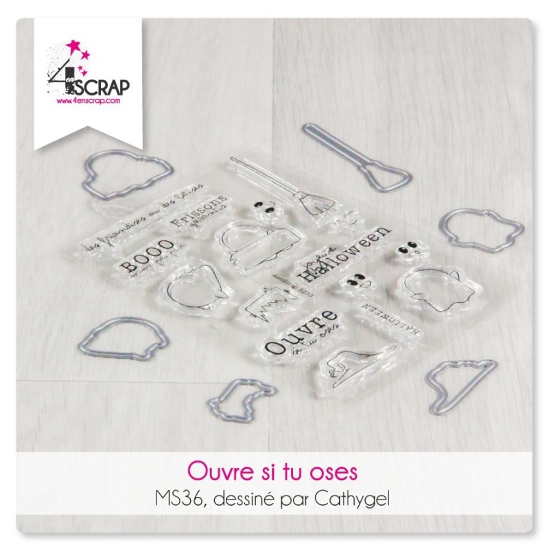 Duo de tampons et matrices de coupe assorties «Ouvres si tu oses» avec des fantômes, un balai. Duo de tampons et matrices de coupe assorties «Ouvres si tu oses» avec des fantômes, un balai.