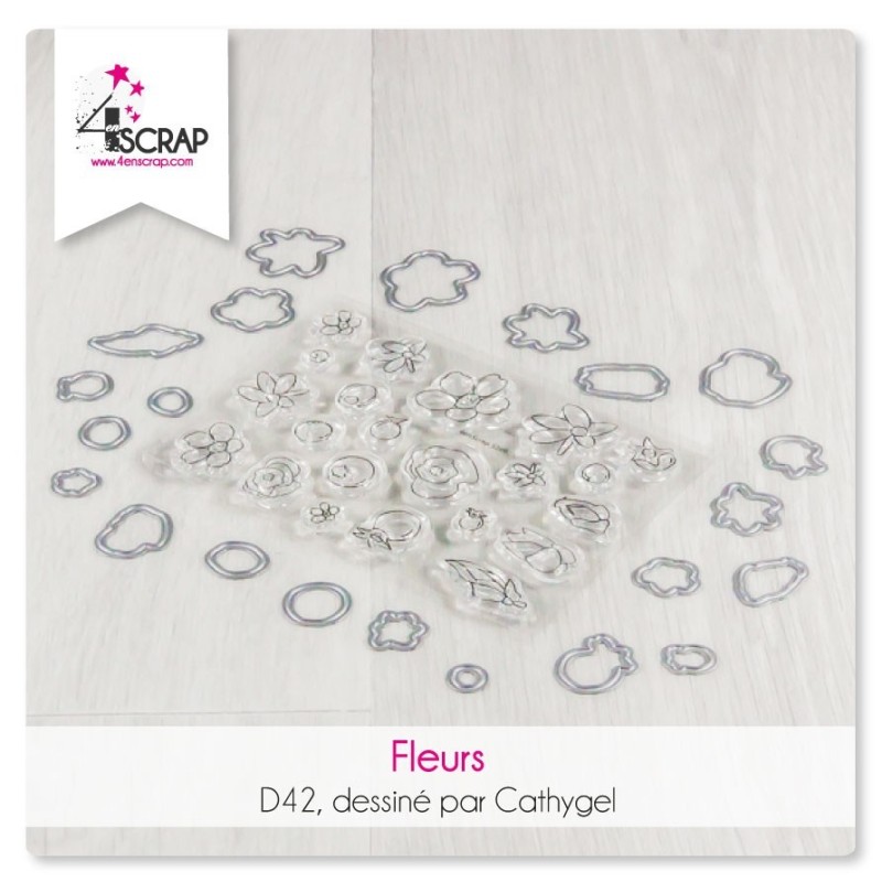 Duo de tampons et matrices de coupe assorties « Fleurs» avec différentes fleurs. Duo de tampons et matrices de coupe assorties « Fleurs» avec différentes fleurs.
