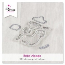 Duo de tampons et matrices de coupe assorties « Bébé alpaga» avec un petit alpaga et des accessoires pour l'habiller.