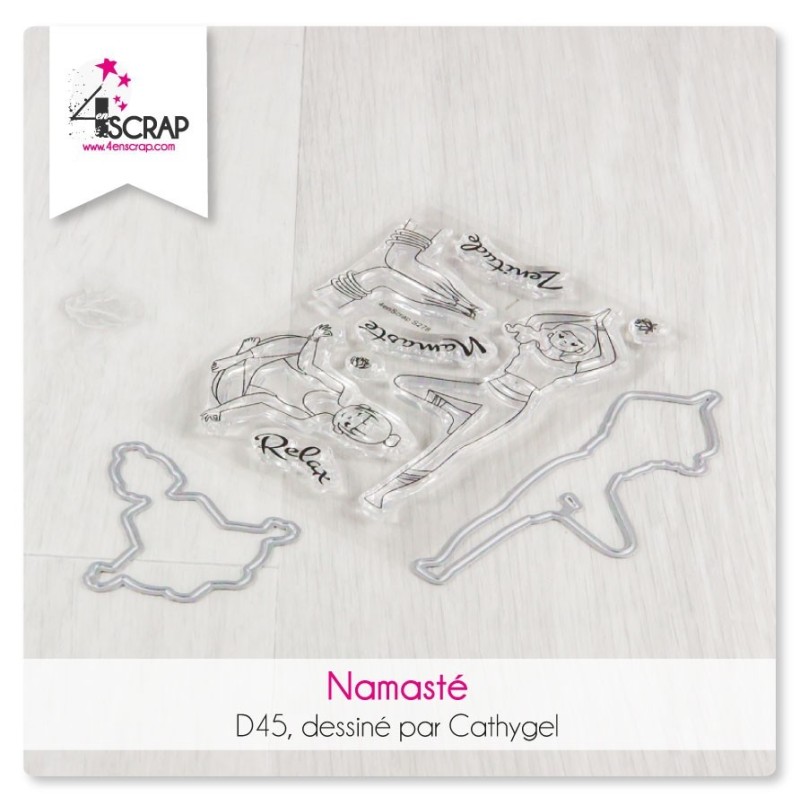 Duo de tampons et matrices de coupe assorties « Namasté » avec des yogis. Duo de tampons et matrices de coupe assorties « Namasté » avec des yogis.