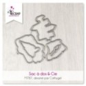 Matrice de coupe Die Sac à dos & Cie 2 avec une pancarte, un sac à dos, des chaussures de randonnée, et un feu de camp.