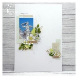 Page de scrapbooking avec des fleurs de frangipanier, des feuillages des branches et des étiquettes